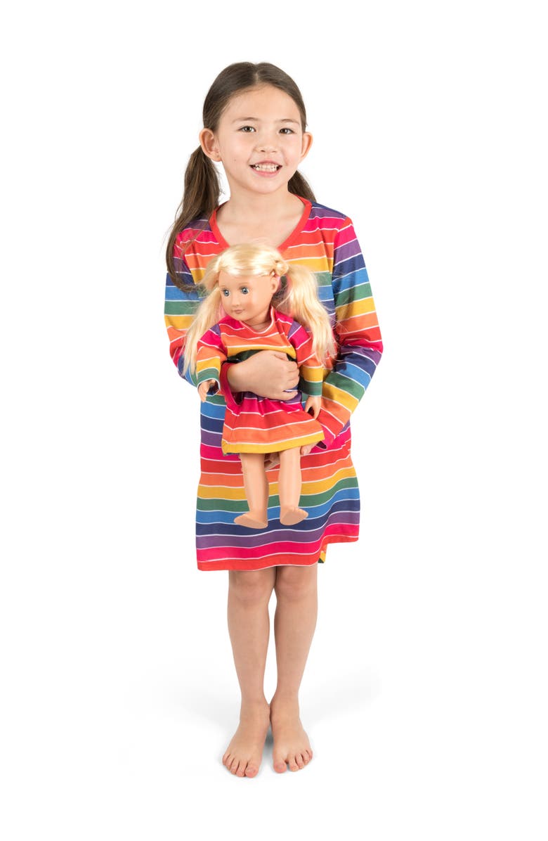 Leveret Girls Long Sleeve Nightgown with Matching Doll Nightgown, Printed Design, Main, color, Striped Colorful