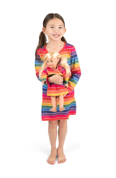 Girls Long Sleeve Nightgown with Matching Doll Nightgown, Printed Design