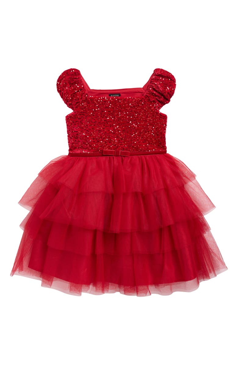 Zunie Kids' Sequin Bodice Cap Sleeve Tiered Mesh Party Dress, Main, color, Red