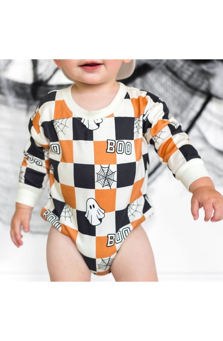 Sweet Wink Boo Checkered Halloween Long Sleeve Romper, Alternate, color, 