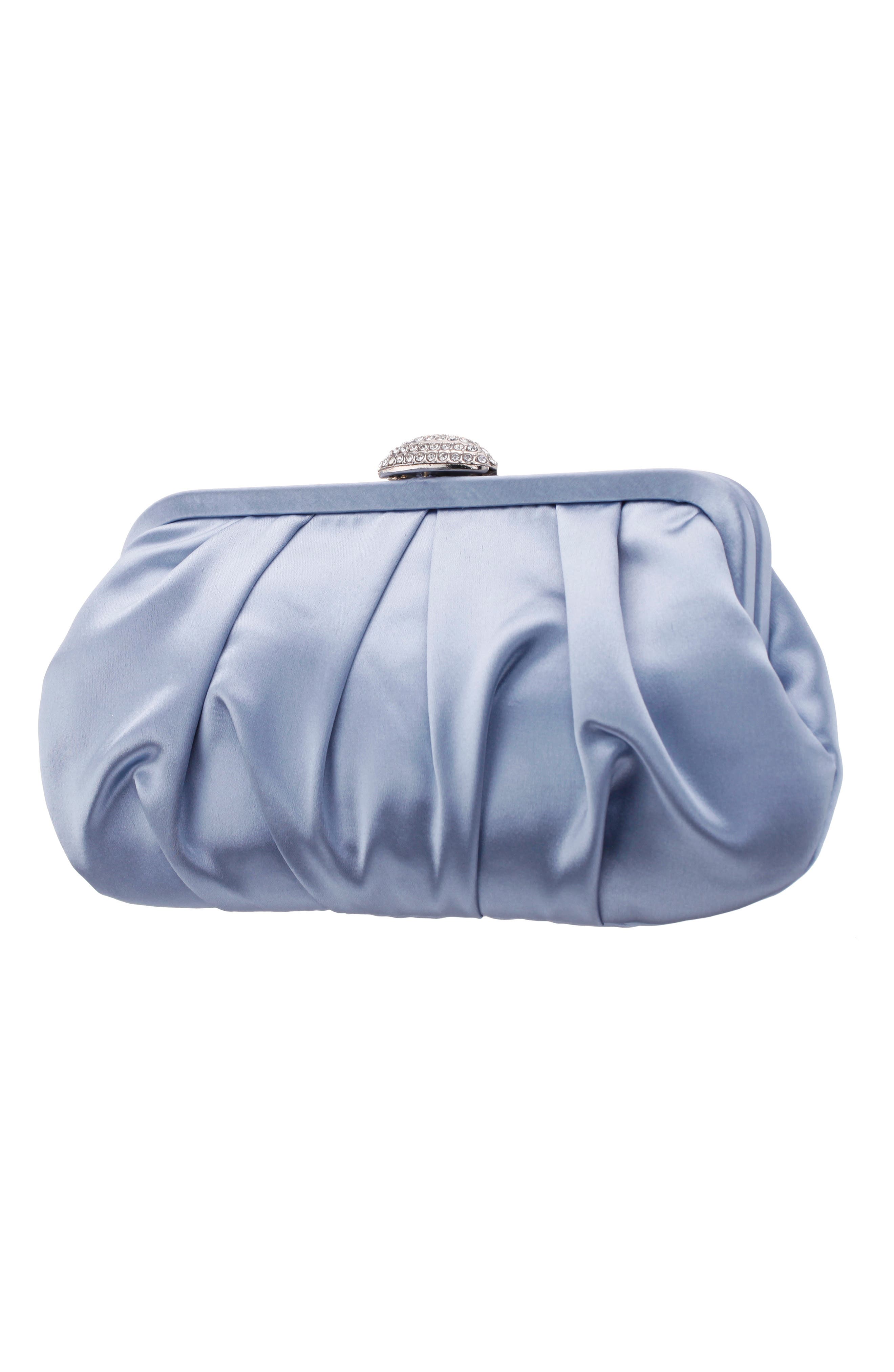 Concord Pleated Satin Frame Clutch, Alternate, color, ICY BLUE