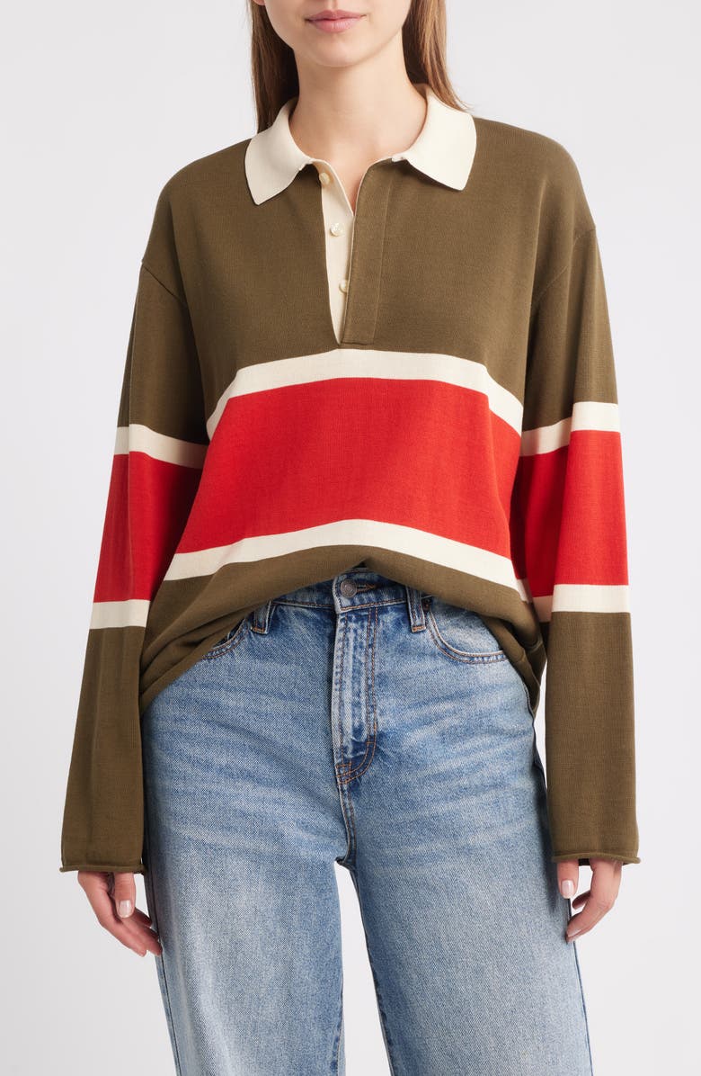 THE GREAT. The Rugby Stripe Sweater, Main, color, Army W/ Hot Red Stripe