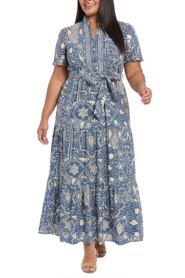 Embroidered Tiered Maxi Dress, Main, color, BLUE/ WHITE