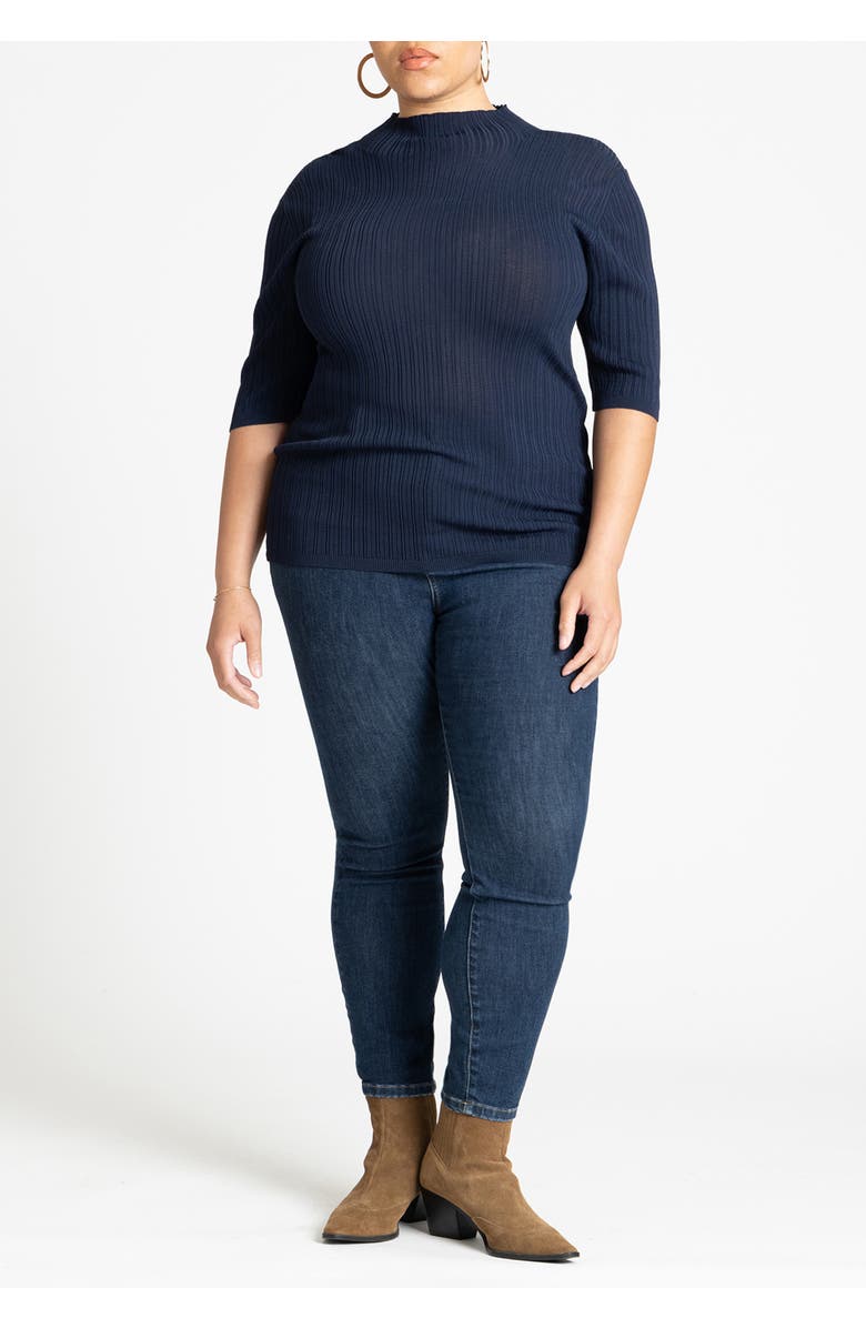 ELOQUII Sleek Funnel Neck Elbow Sleeve Sweater, Alternate, color, Naval Blue