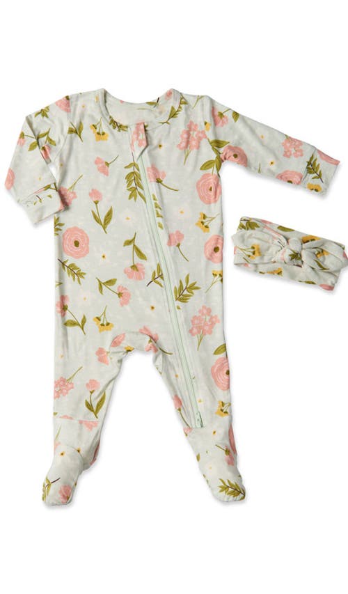 Everly Grey Jersey Long Sleeve Footie & Head Wrap Set In Green