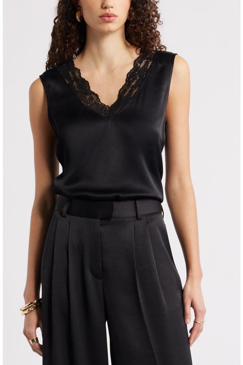 Lace Trim Satin Tank, Main, color, BLACK