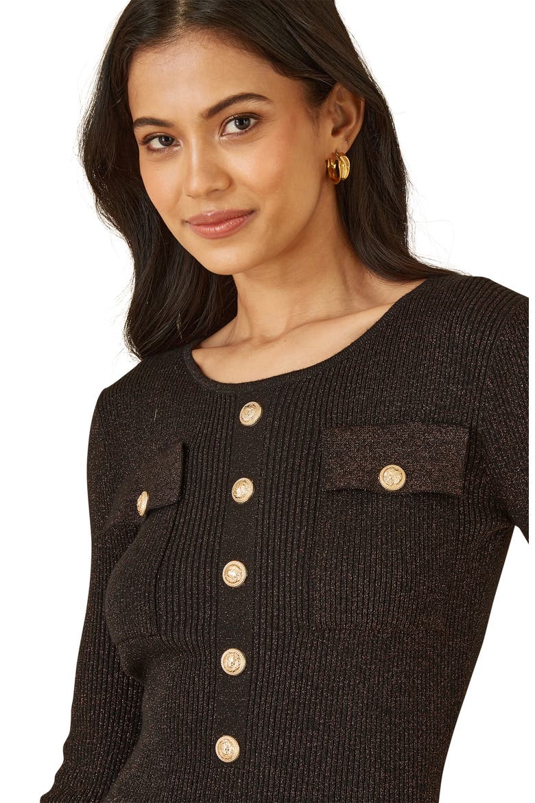 Metallic Fitted Military Knit Dress, Alternate, color, Black