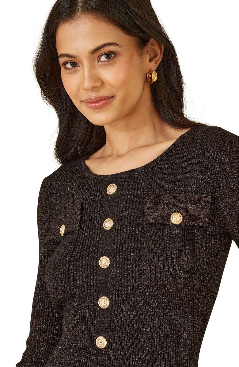 Yumi Metallic Fitted Military Knit Dress, Alternate, color, Black