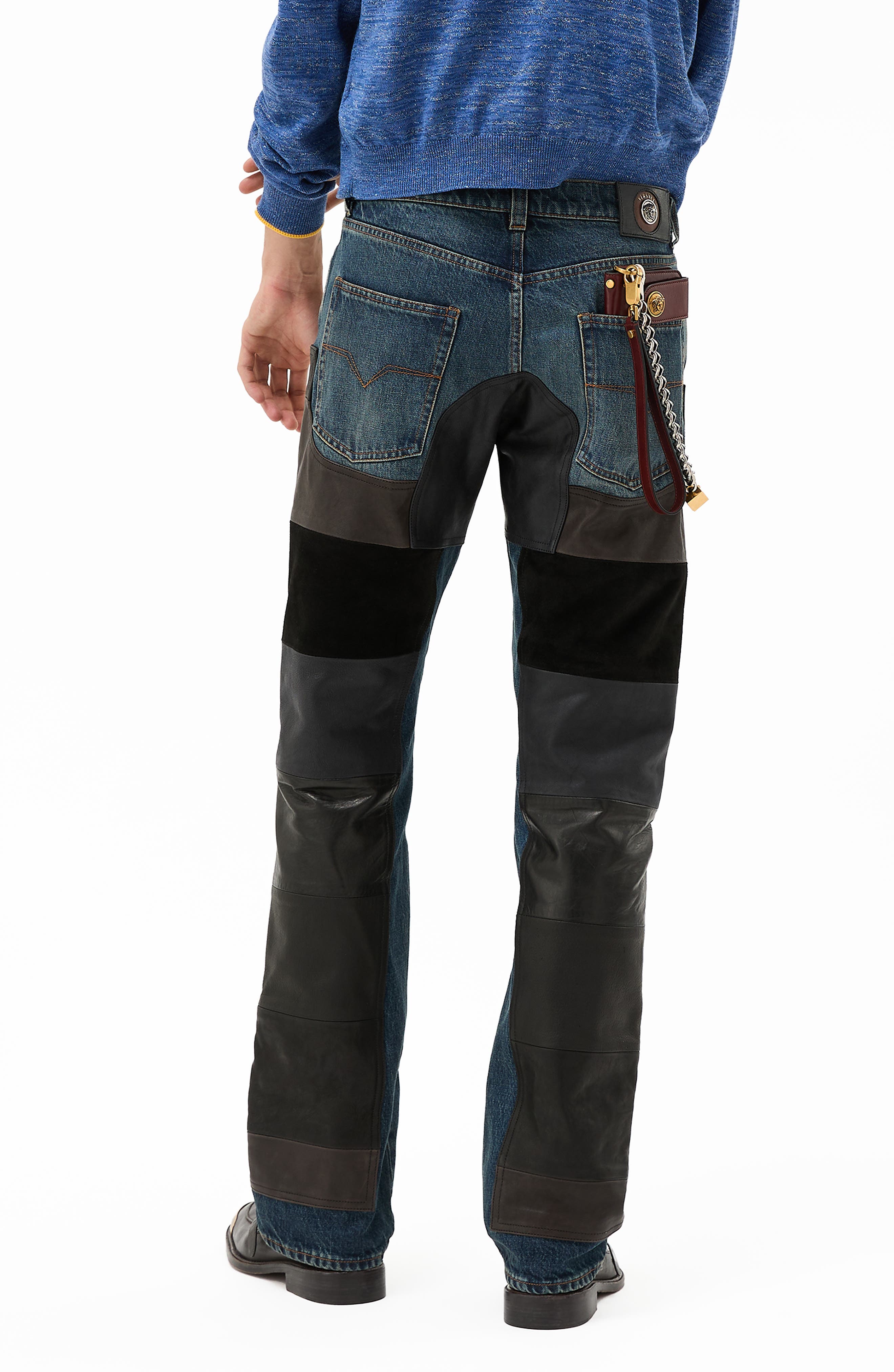 Leather Patchwork Straight Leg Jeans - image 2