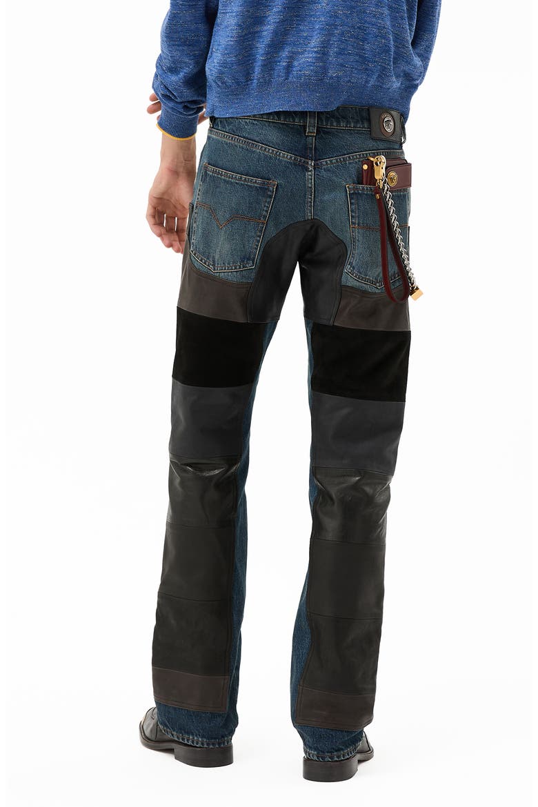 Leather Patchwork Straight Leg Jeans, Alternate, color, DIRTY BLUE BLACK
