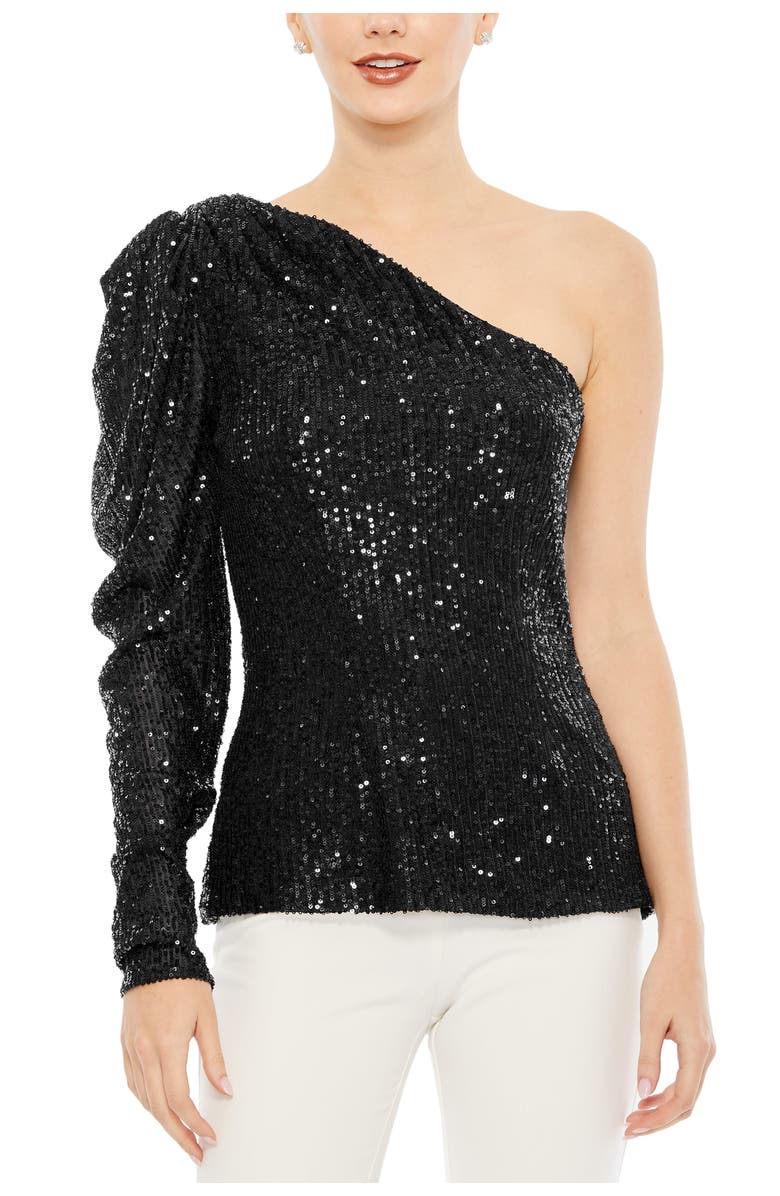 Mac Duggal One Shoulder Puff Sleeve Sequin Top, Main, color,