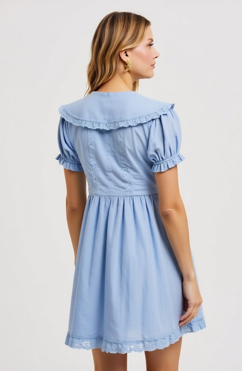 Modenaire Button-Front Puff Sleeve Lace Trim Ruffle Detail Mini Dress, Alternate, color, Light Blue