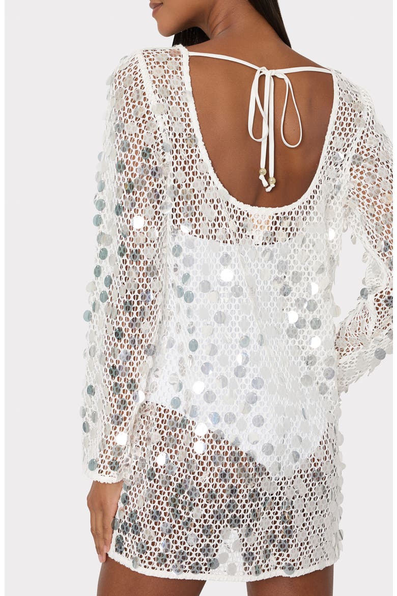Paillette Long Sleeve Sheer Open Stitch Cover-Up Dress, Alternate, color, WHITE