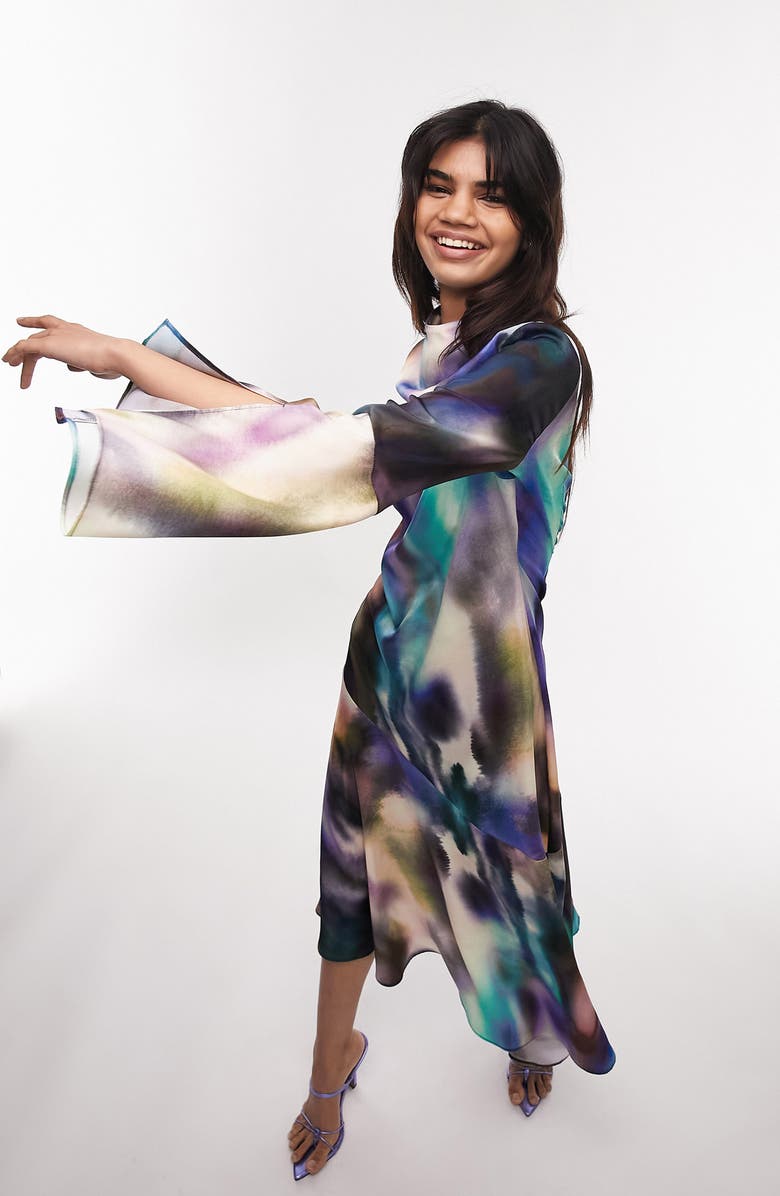 Topshop Long Sleeve Satin Midi Dress, Alternate, color,