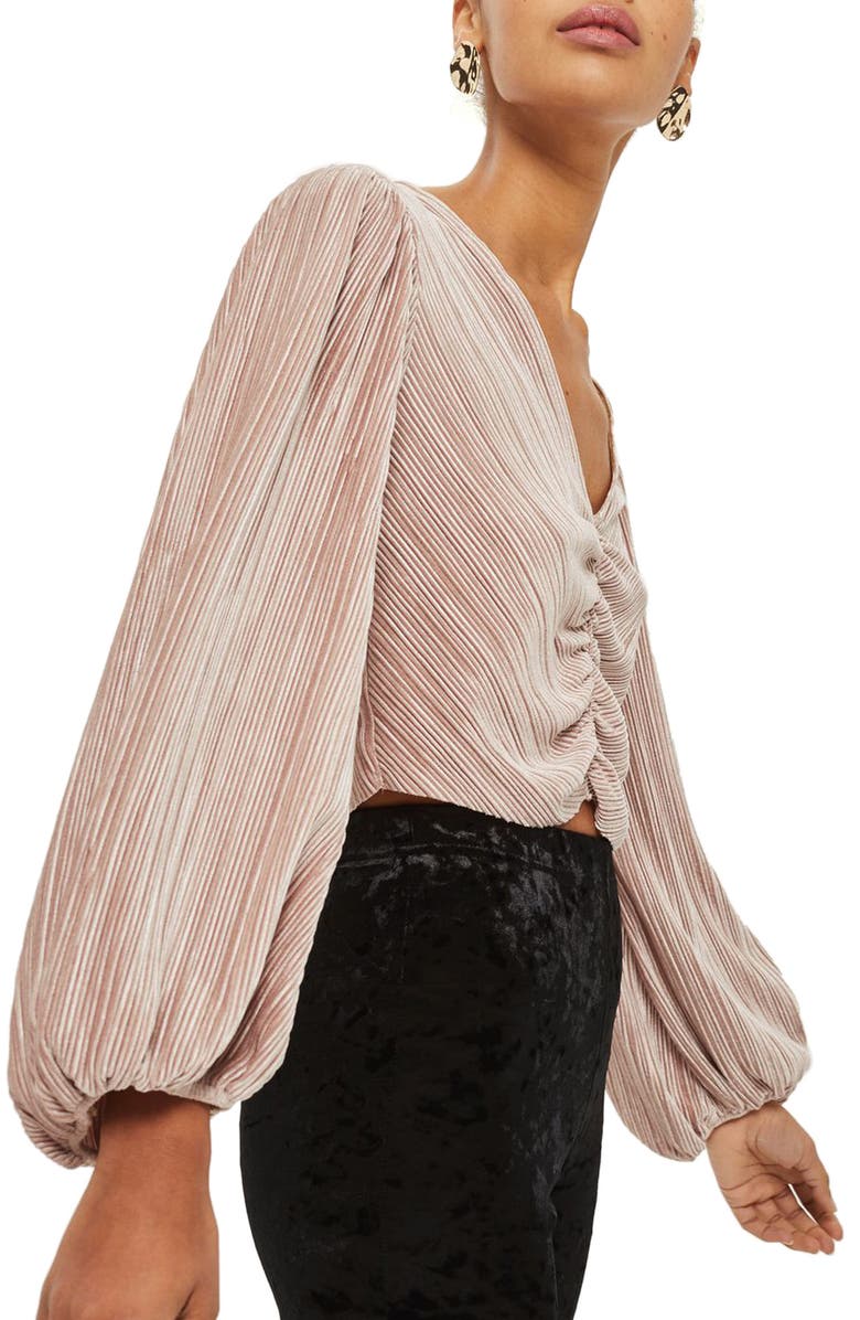 Topshop Velvet Crinkle Ruched Blouse, Alternate, color,