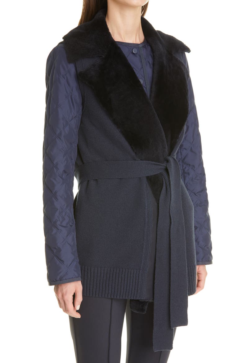 Genuine Shearling Trim Belted Vest, Alternate, color, INK