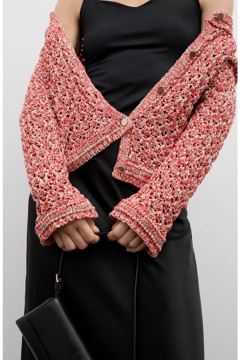 Metallic Open Stitch Cardigan, Alternate, color, RED