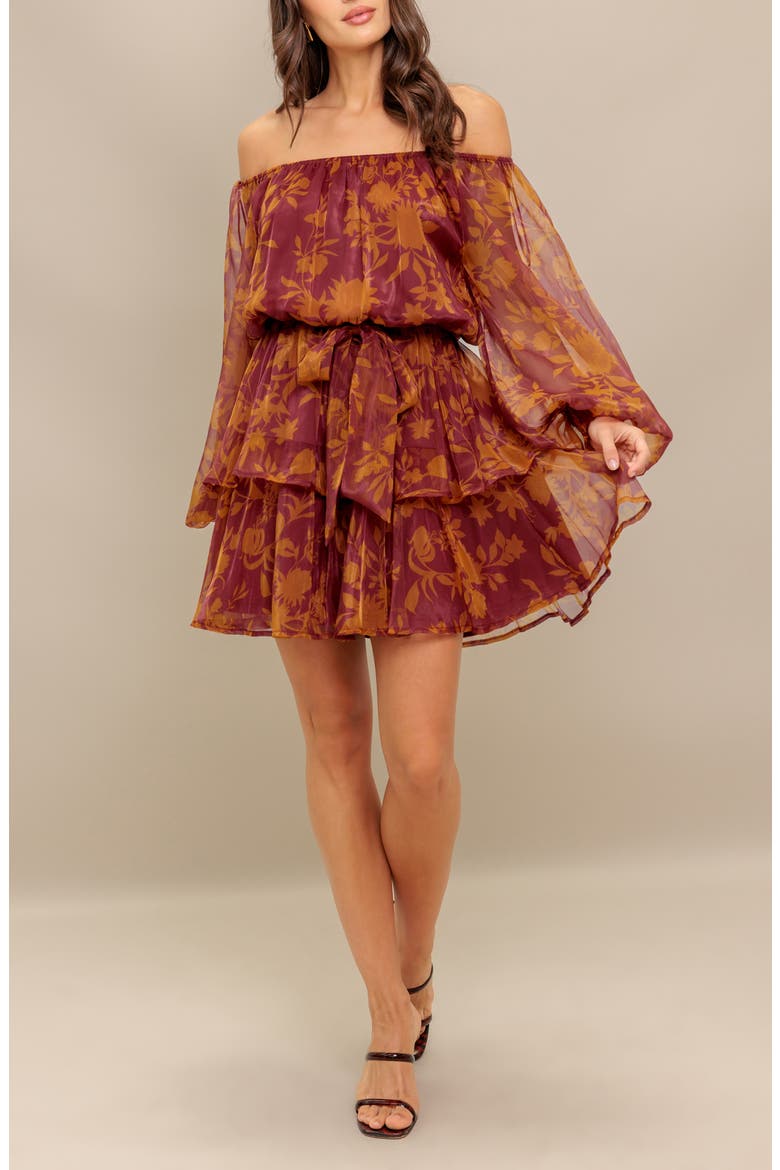 Floral Off the Shoulder Long Sleeve Minidress, Alternate, color, MAROON