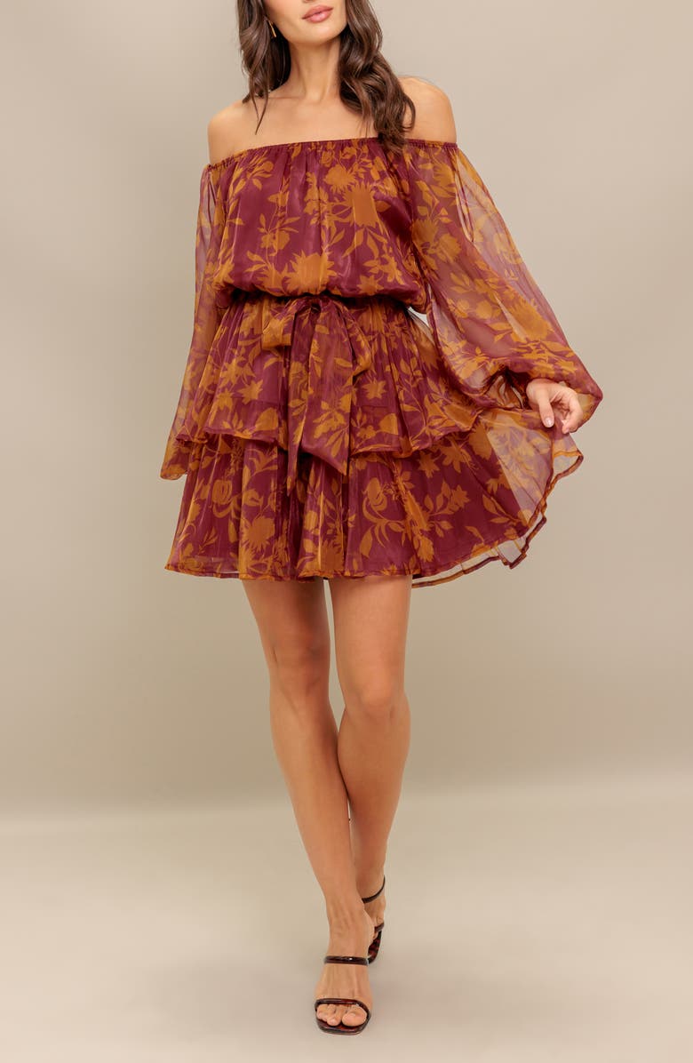 FLYING TOMATO Floral Off the Shoulder Long Sleeve Minidress, Alternate, color, Maroon