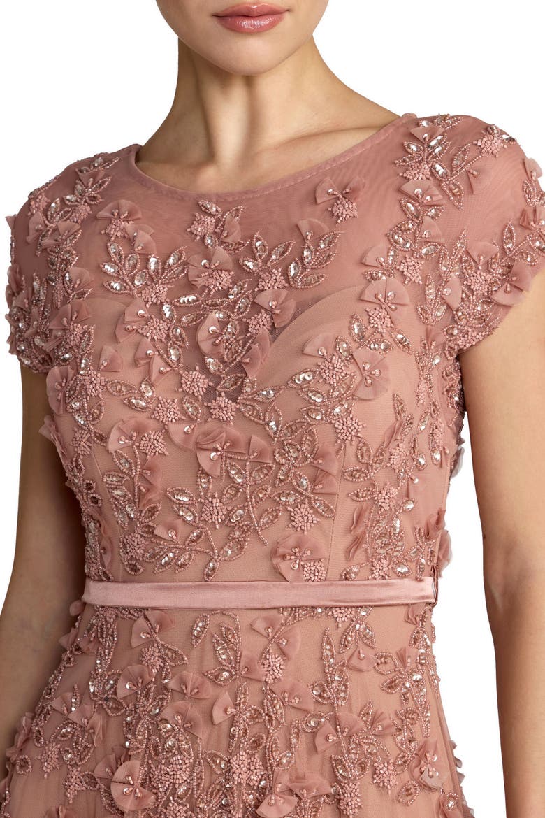 Women's Floral Embellished Cap Sleeve Midi Dress, Alternate, color, Rosewood