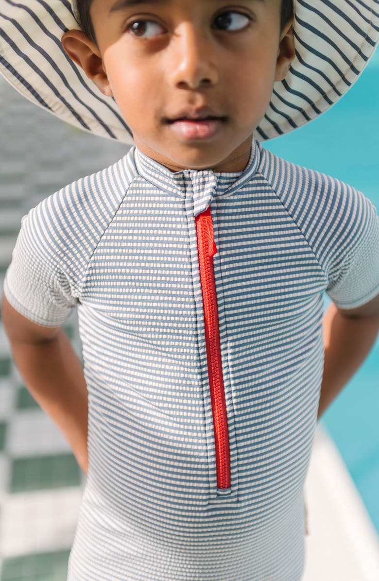 Pehr Kids' Short Sleeve One-Piece Rashguard Swimsuit, Alternate, color, Seersucker Ink