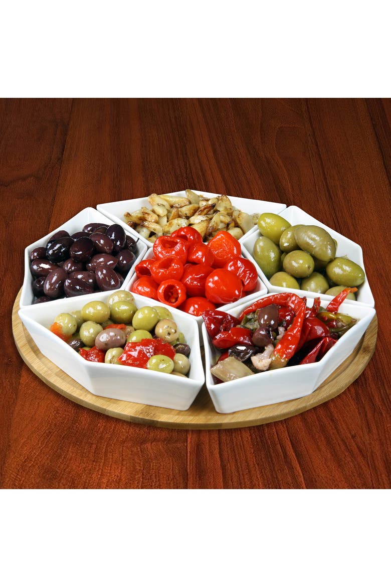 12 Inch 7-Piece Condiment Server Set with a Wood Lazy Suzan Serving Tray, Alternate, color, White