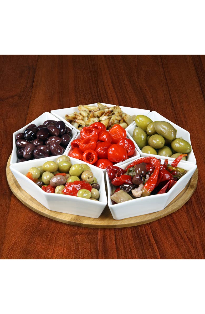 Elama Signature 12 Inch 7-Piece Condiment Server Set with a Wood Lazy Suzan Serving Tray, Alternate, color, White