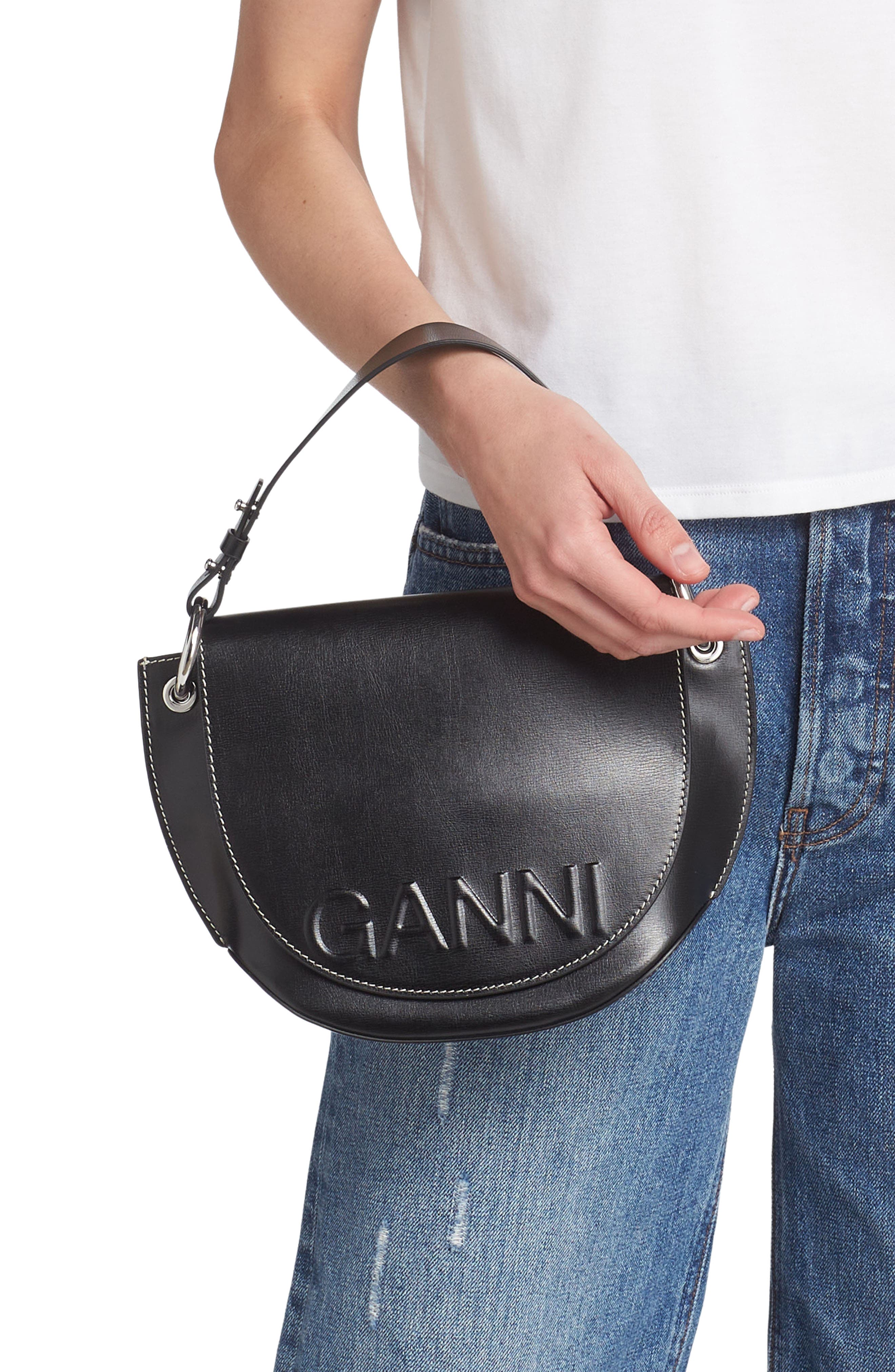 Ganni Banner Logo Recycled Leather Crossbody Bag, Alternate, color, 