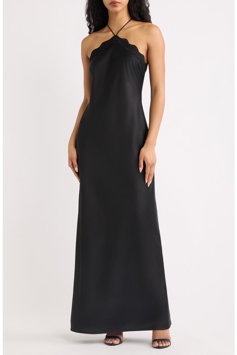 Lirien Lace Trim Halter Column Gown, Main, color, BLACK