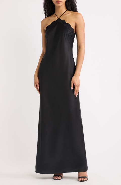 Lirien Lace Trim Halter Column Gown
