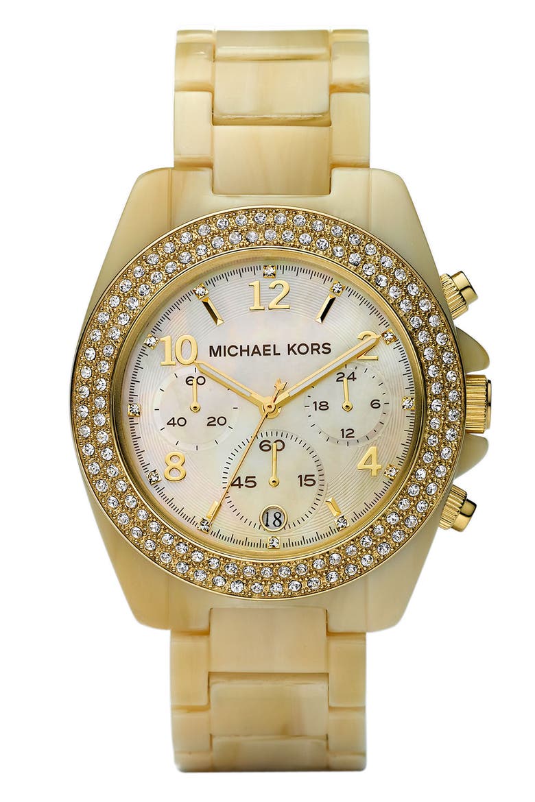 Michael Kors 'Blair' Resin & Crystal Bezel Watch, Main, color, HORN