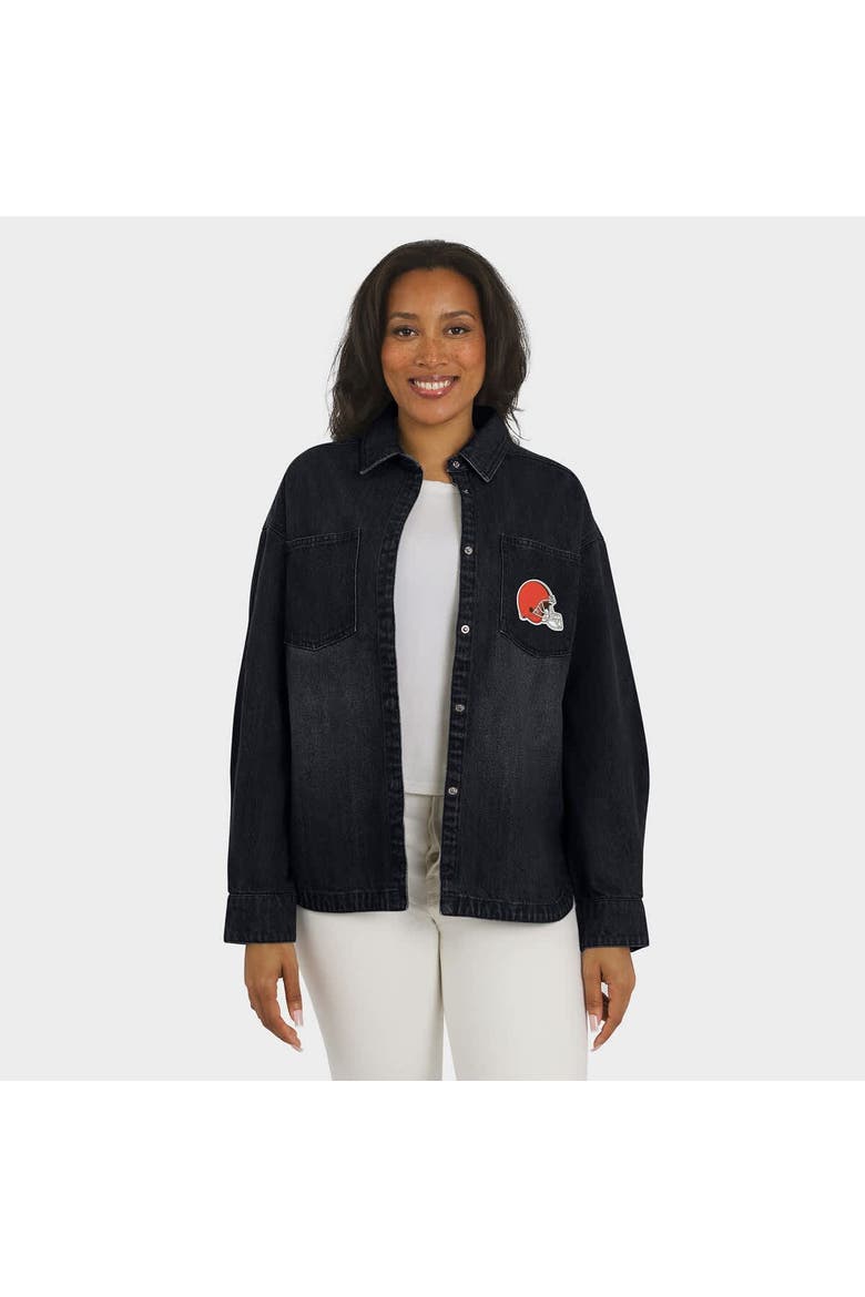Women's WEAR by Erin Andrews Black Cleveland Browns Washed Oversized Denim Full-Snap Shacket, Alternate, color, Black
