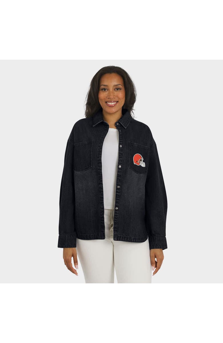 WEAR by Erin Andrews Women's WEAR by Erin Andrews Black Cleveland Browns Washed Oversized Denim Full-Snap Shacket, Alternate, color, Black