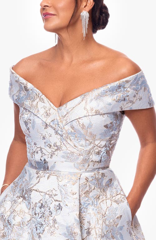 Xscape Evenings Metallic Floral Brocade Off The Shoulder Ball Gown In Blue/gold