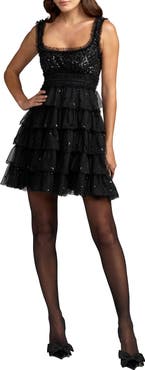 Mac Duggal Sequin Tiered Ruffle Mini Dress