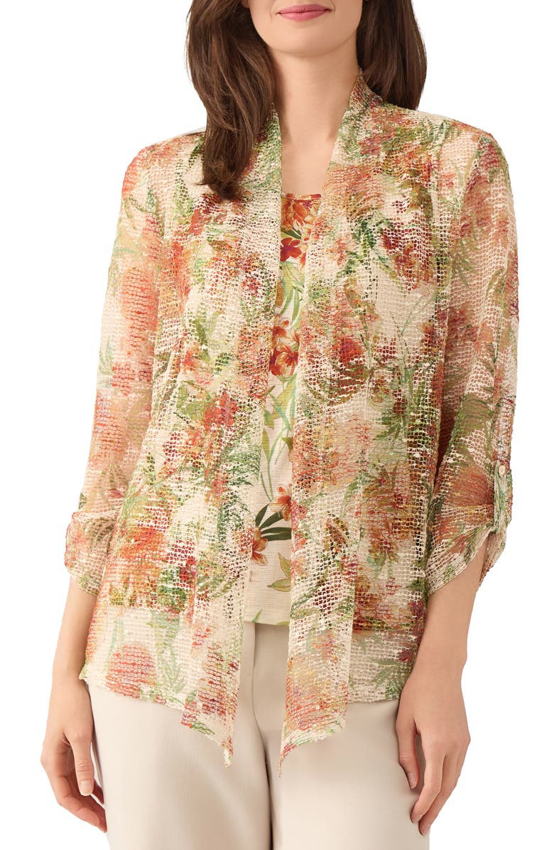 KASPER Floral Mesh Open Front Cardigan, Main, color, Hazelwood Multi