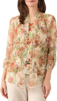 KASPER Floral Mesh Open Front Cardigan