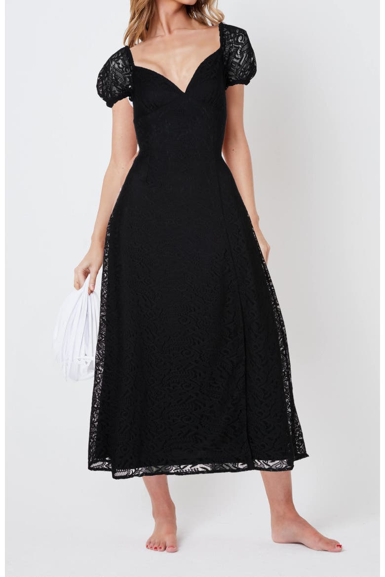 Lace Puff Sleeve Open Back Midi Dress, Main, color, Black