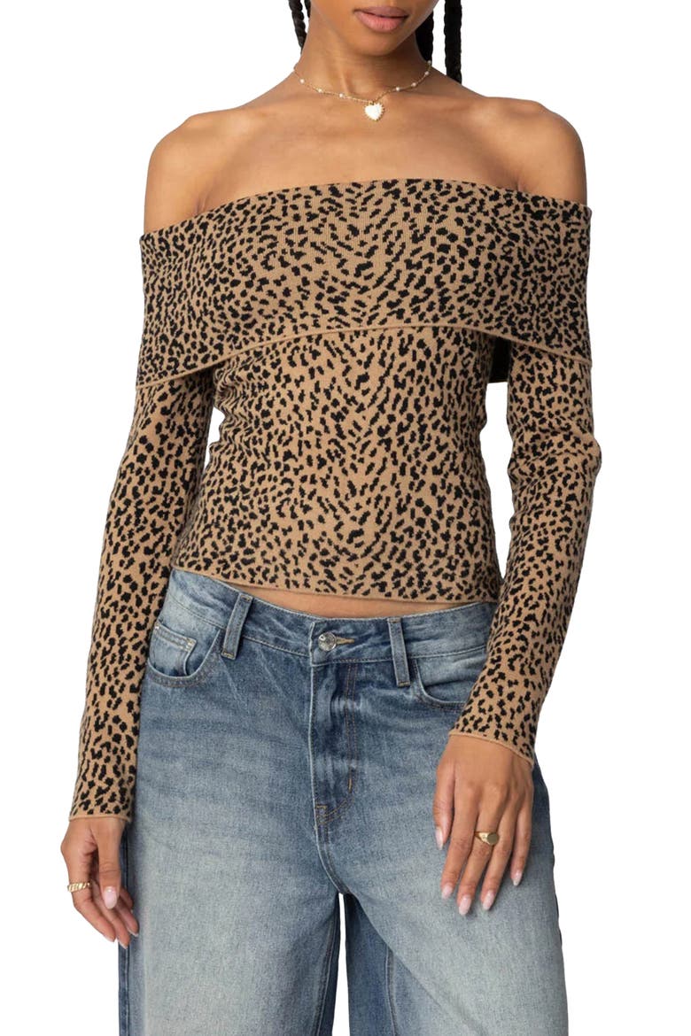 Leopard Print Fold Over Off the Shoulder Knit Top, Main, color, LEOPARD