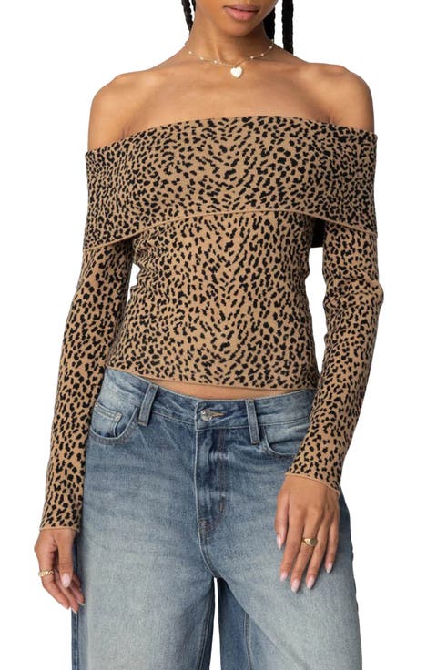 Leopard Print Fold Over Off the Shoulder Knit Top