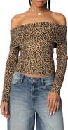 EDIKTED Leopard Print Fold Over Off the Shoulder Knit Top