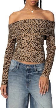 EDIKTED Leopard Print Fold Over Off the Shoulder Knit Top