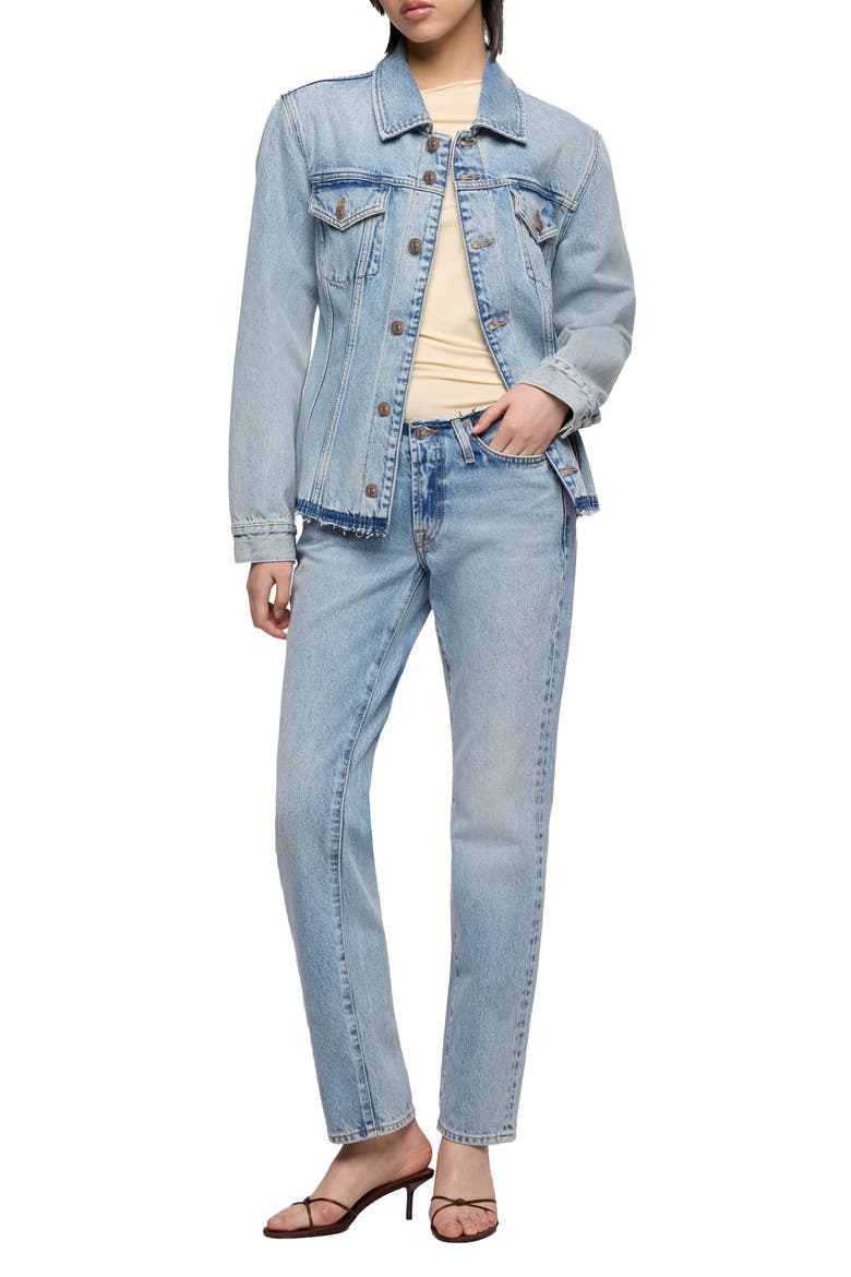 Cinched Release Fray Hem Denim Trucker Jacket, Alternate, color, BLUE EROSION