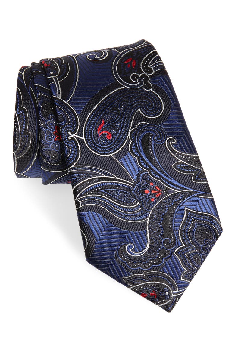 Ermenegildo Zegna Paisley Silk Tie, Main, color, NAVY FAN