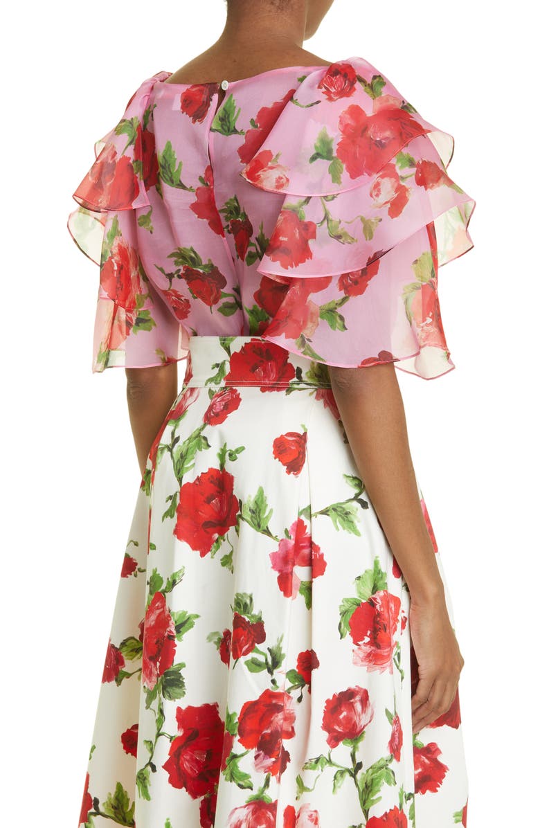 Carolina Herrera Rose Print Tiered Ruffle Silk Organza Top, Alternate, color, 