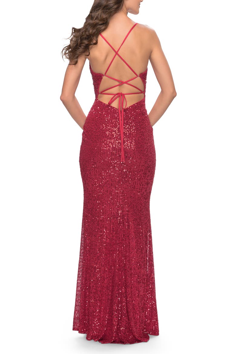 Sequin Stretch Long Prom Dress with Banded Waist, Alternate, color, Red