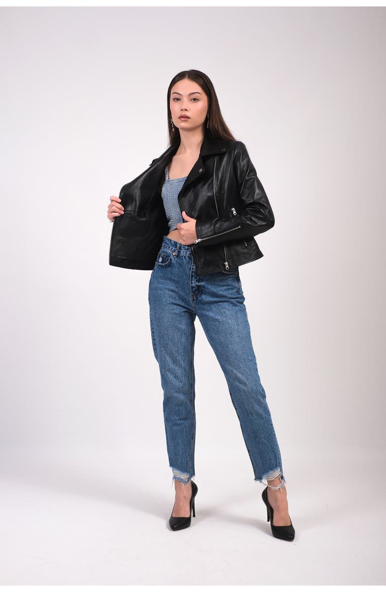 Furniq UK Charlotte Leather Jacket, Alternate, color, Black