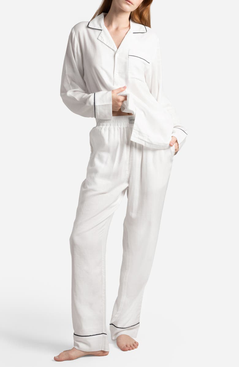Sunday Citizen Gender Inclusive Piped Cotton Blend Pajamas, Main, color, White
