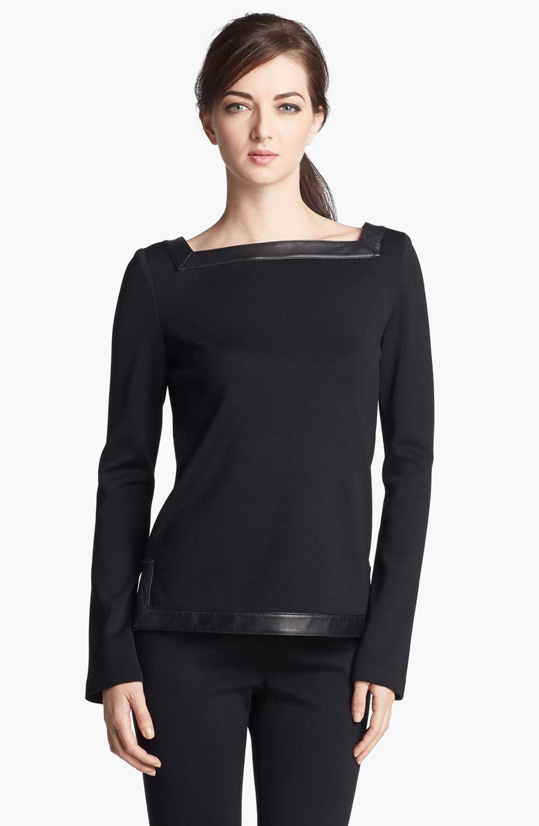 St. John Collection Leather Trim Milano Knit Top, Main, color, 