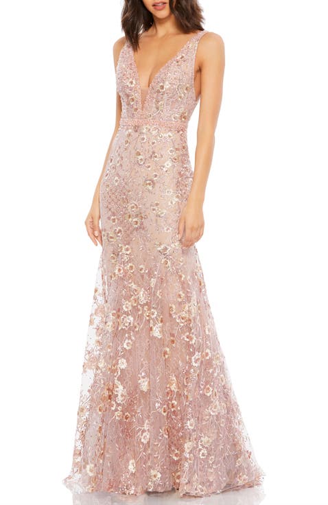 Floral Embellished Sleeveless Plunge Neck Gown
